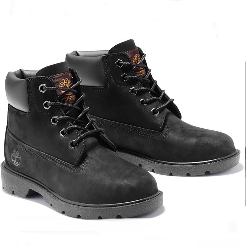 Timberland 6-Inch Premium Boys Waterproof Padded Collar Nubuck Black Boots Sz 7